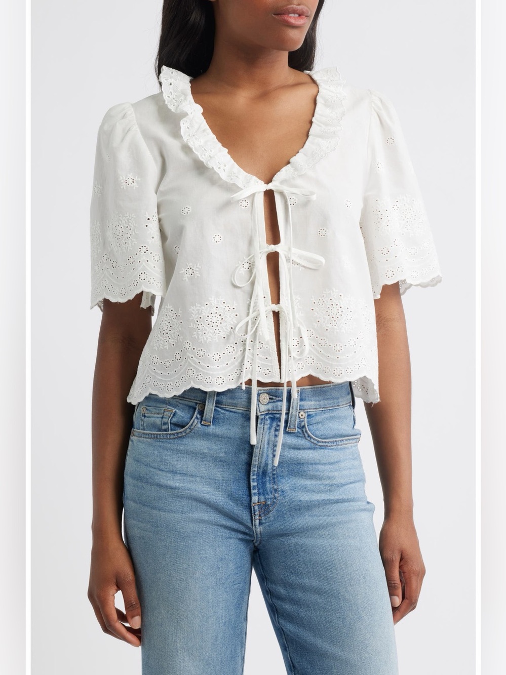 WAYF x Styled by COCO! Camilla White Cotton Eyelet Crop Top. Size large.